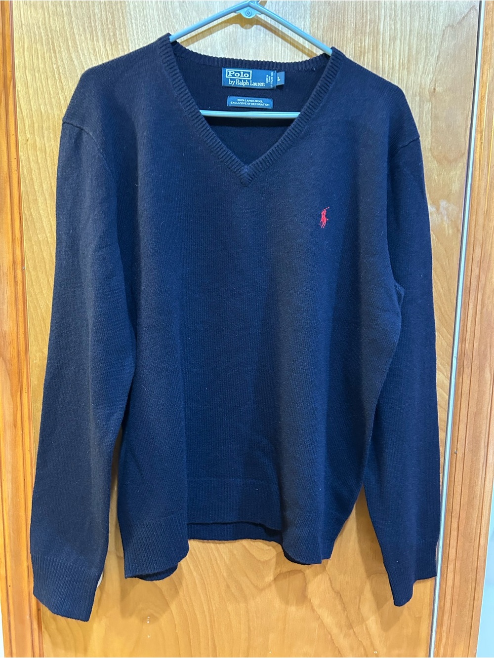 Polo Ralph Lauren Vintage 90s Lambswool V Neck Sweater Navy Red Pony Mens L Ital